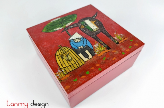Red square lacquer box hand painted with folk themes